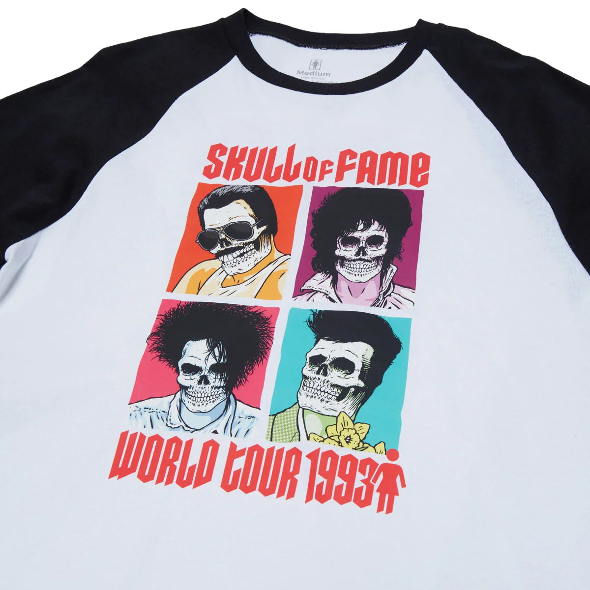 A white and black raglan baseball t-shirt featuring a colorful graphic print of four skull portraits with the text 'SKULL OF FAME' and 'WORLD TOUR 1993'.