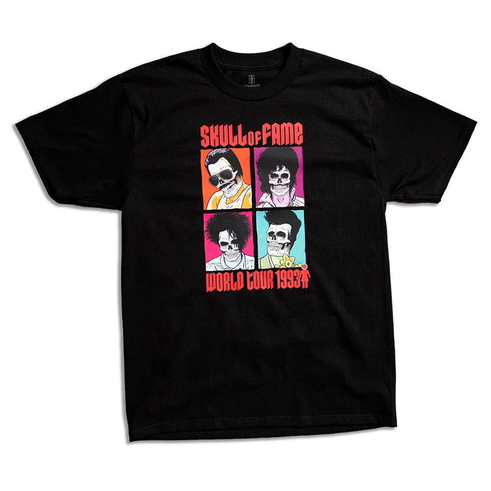 A black short-sleeve graphic t-shirt featuring a colorful print of four stylized portraits with the text 'SKULL OF FAME' and 'WORLD TOUR 1993' in red, displayed on a clean white background.