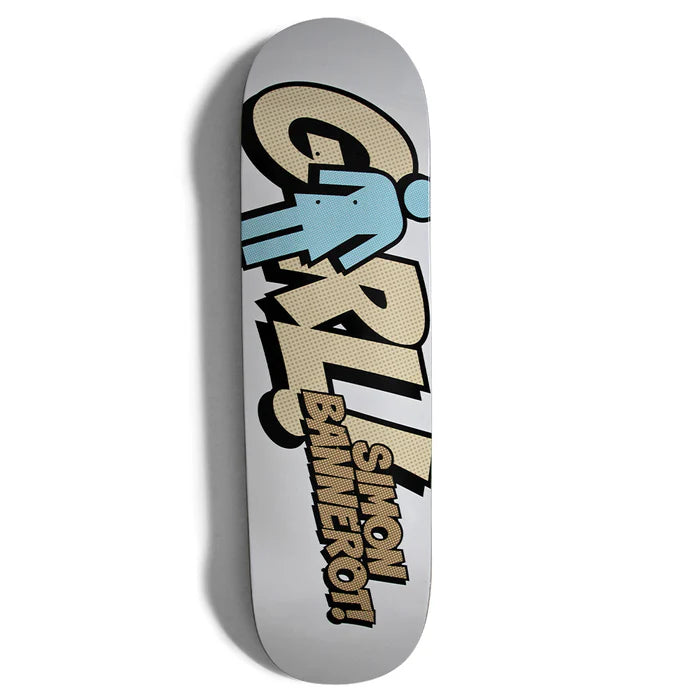 Skateboard deck with 'GRL' and 'Simon Banister' text on a white background