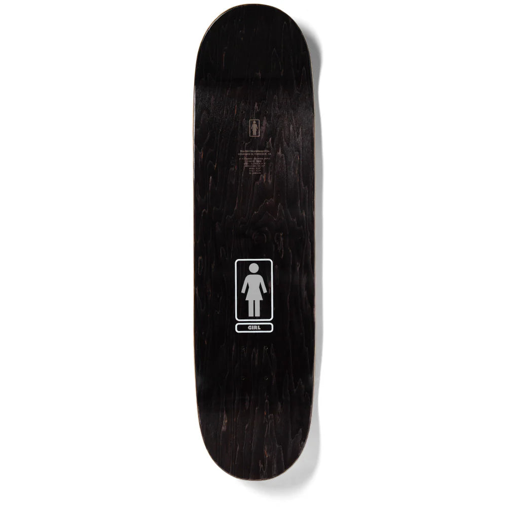 Black skateboard deck with a white logo on a white background