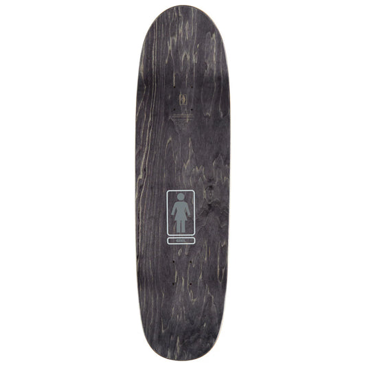 Skateboard deck with a logo on a white background