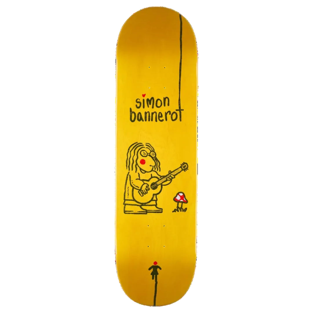 A skateboard deck with a bright yellow background, featuring a hand-drawn black line art illustration of a person playing a guitar, a small red mushroom, and the text 'simon bannerot' in black with a small red heart above the 'i'.