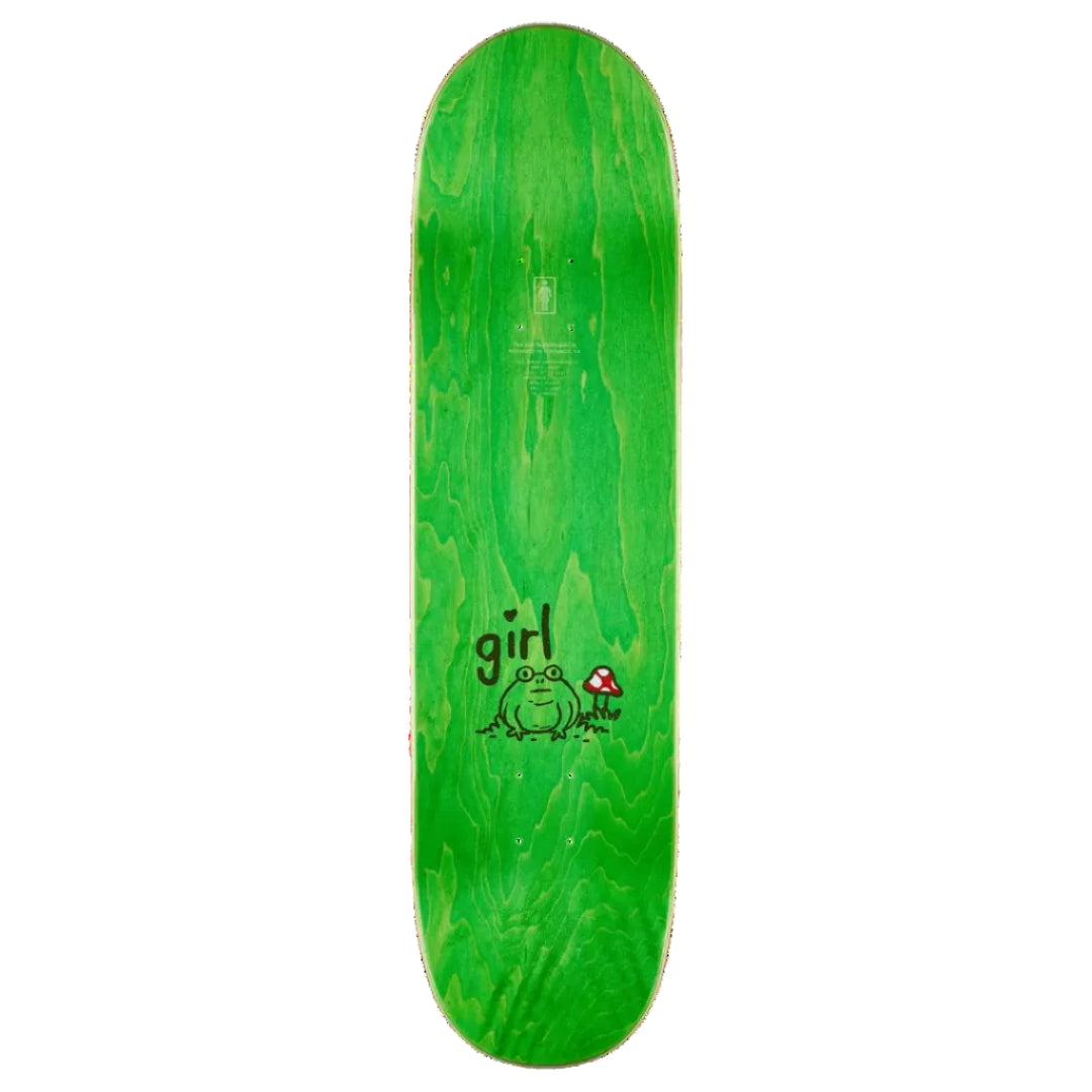 A green skateboard deck with a natural wood grain pattern, featuring a graphic of a green frog sitting on a red mushroom and the text 'girl apple' in black.