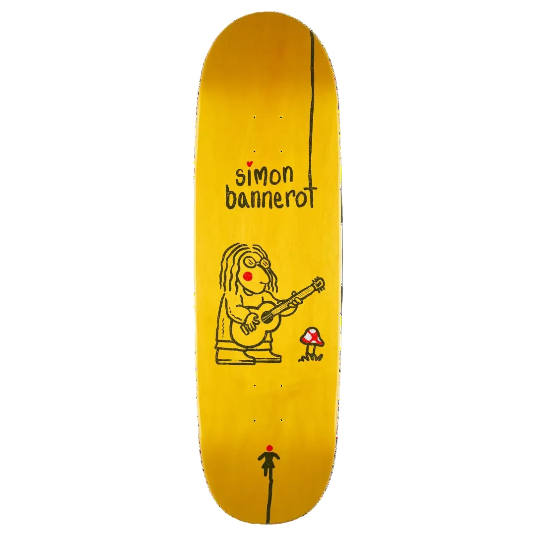 A skateboard deck with a bright yellow background featuring a hand-drawn black line art illustration of a person playing a guitar, a small red mushroom, and the text 'simon bannerot' in black.