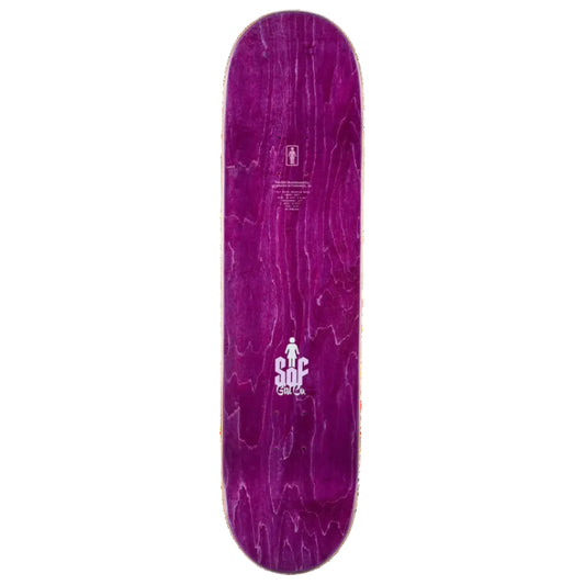 A purple skateboard deck with a natural wood grain pattern and white printed graphics, shown vertically against a plain white background.