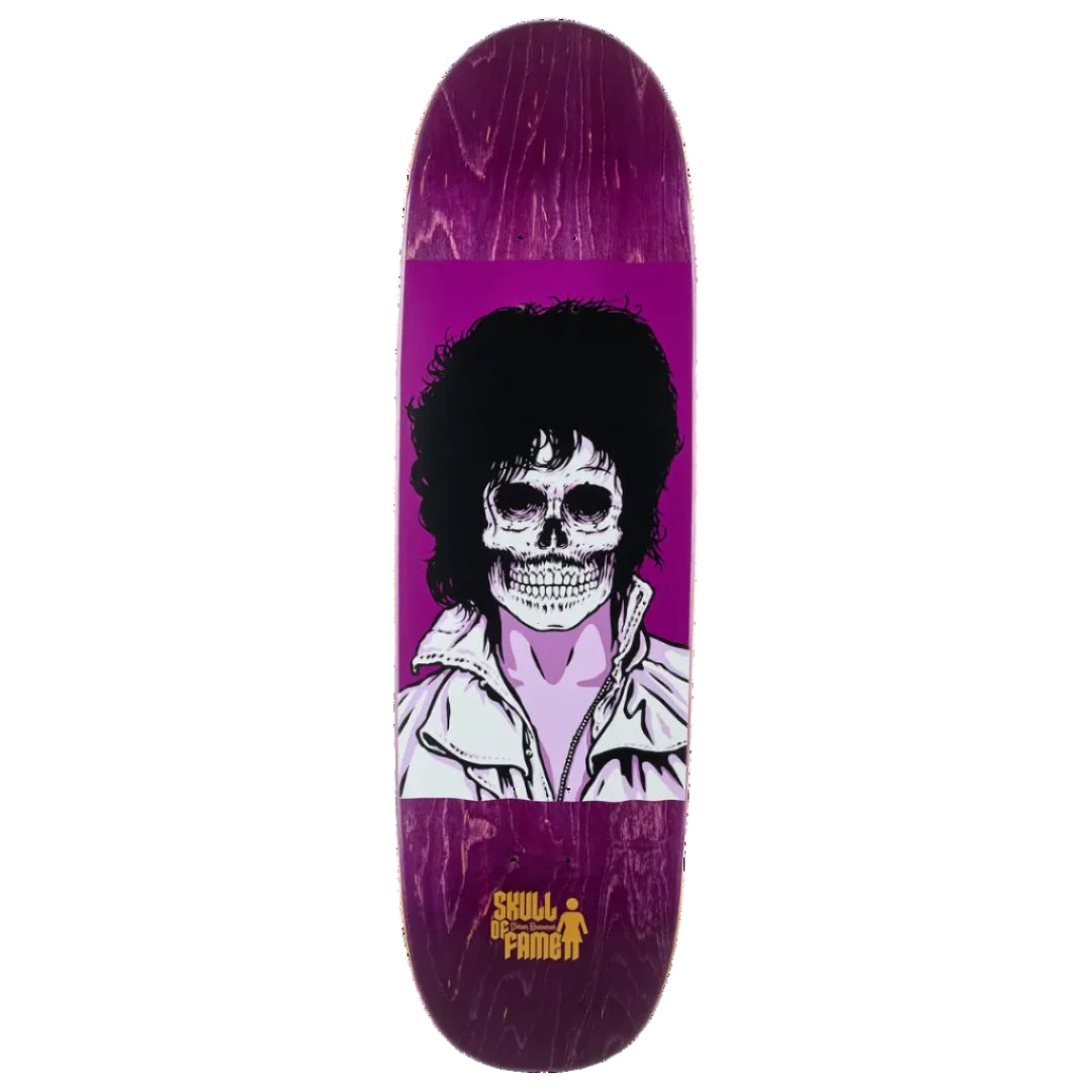 A purple skateboard deck featuring a graphic illustration of a skull wearing an afro and white jacket, with the 'Skull of fame' brand logo at the bottom.