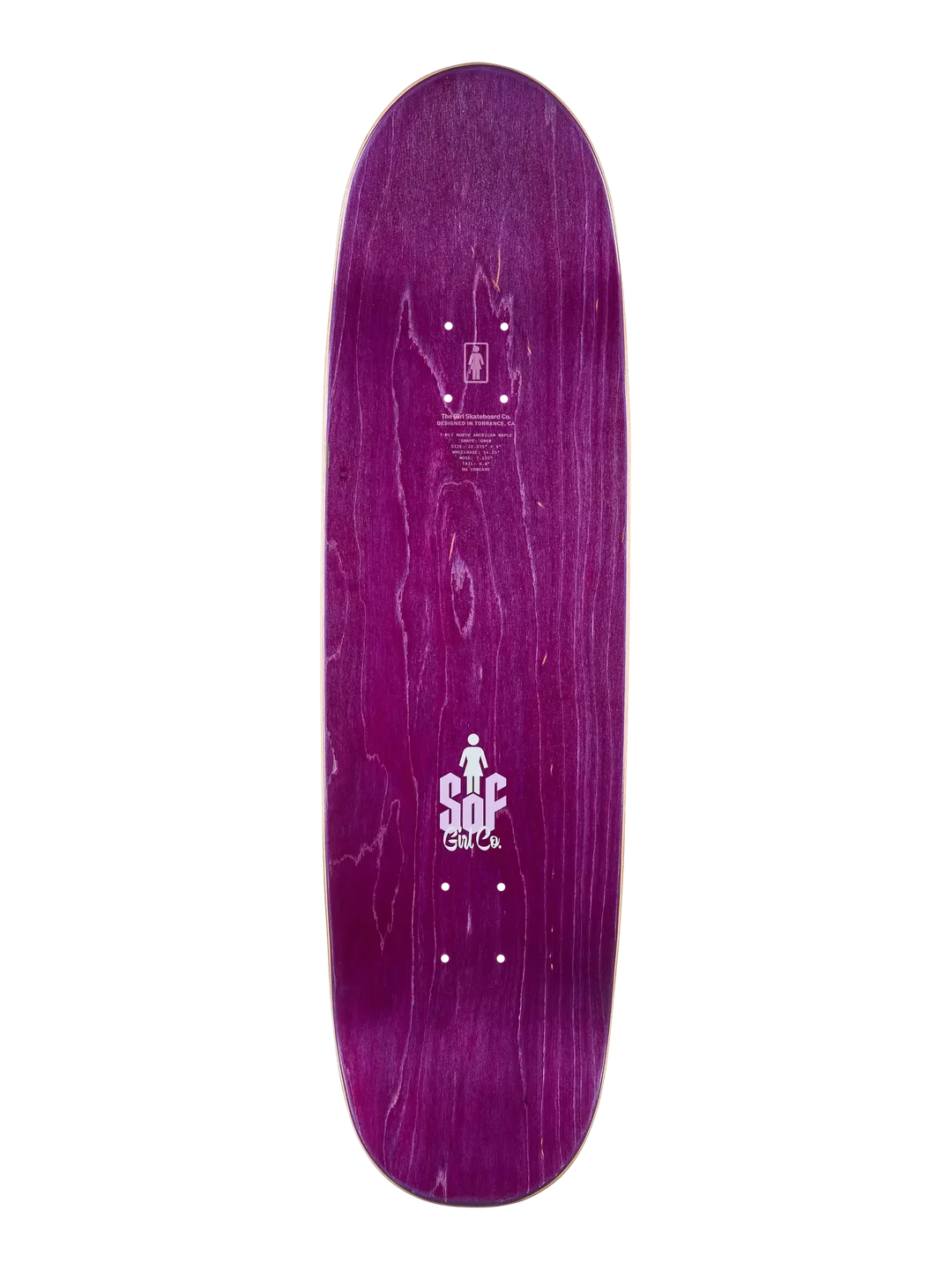 A purple skateboard deck with a glossy wood grain finish, featuring white printed graphics and logos including the 'SoF' brand name, shown against a plain white background.
