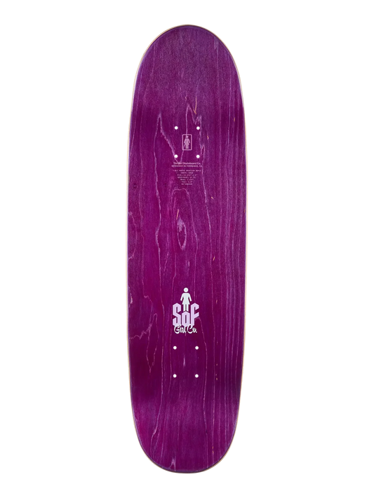 A purple skateboard deck with a glossy wood grain finish, featuring white printed graphics and logos including the 'SoF' brand name, shown against a plain white background.