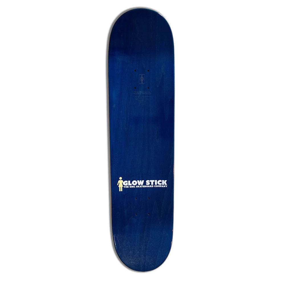 A dark blue skateboard deck with a white 'GLOW STICK' logo printed near the bottom, shown against a plain white background.