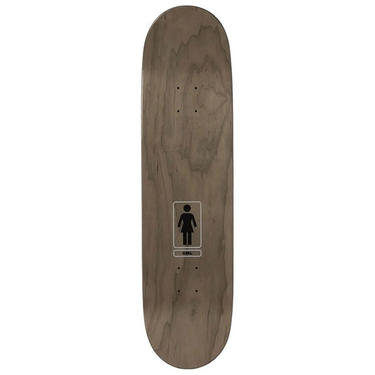 Wooden skateboard deck with a logo on a white background