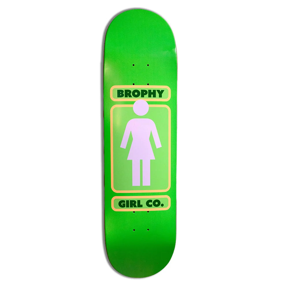 A bright green skateboard deck featuring a graphic design with the text 'BROPHY GIRL CO.' and a light purple female silhouette icon inside a yellow-outlined rectangle.