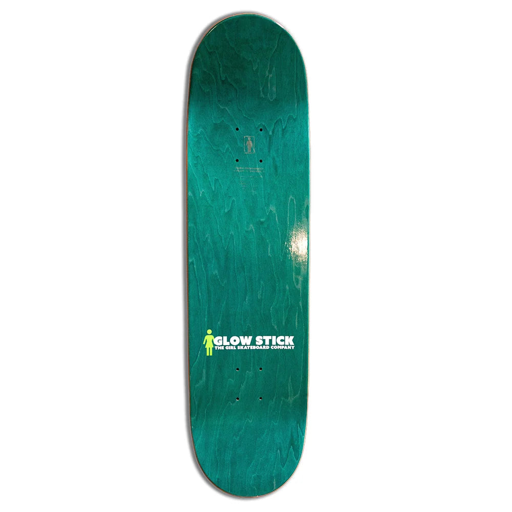 A teal green skateboard deck with a glossy wood-grain finish, featuring the 'Glow Stick' logo printed in white and yellow near the bottom.