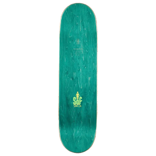 A teal green skateboard deck with a natural wood grain pattern, featuring a yellow and green 'sof girl co' logo near the bottom, shown against a solid white background.