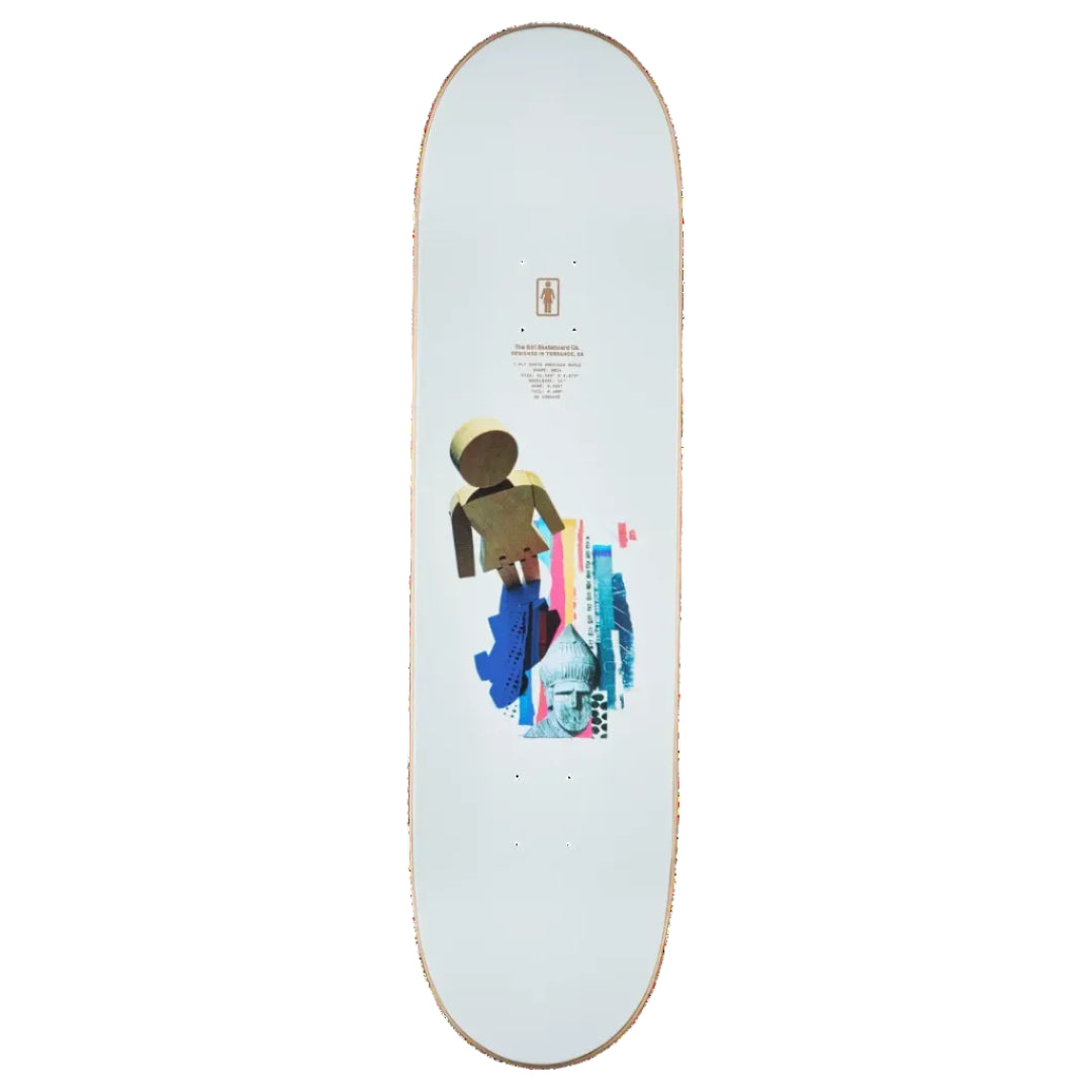 A skateboard deck shown vertically against a plain white background. The deck has a pale blue-white base with a central graphic of a stylized figure in brown and blue, alongside colorful vertical brushstroke elements in pink, blue, and teal.