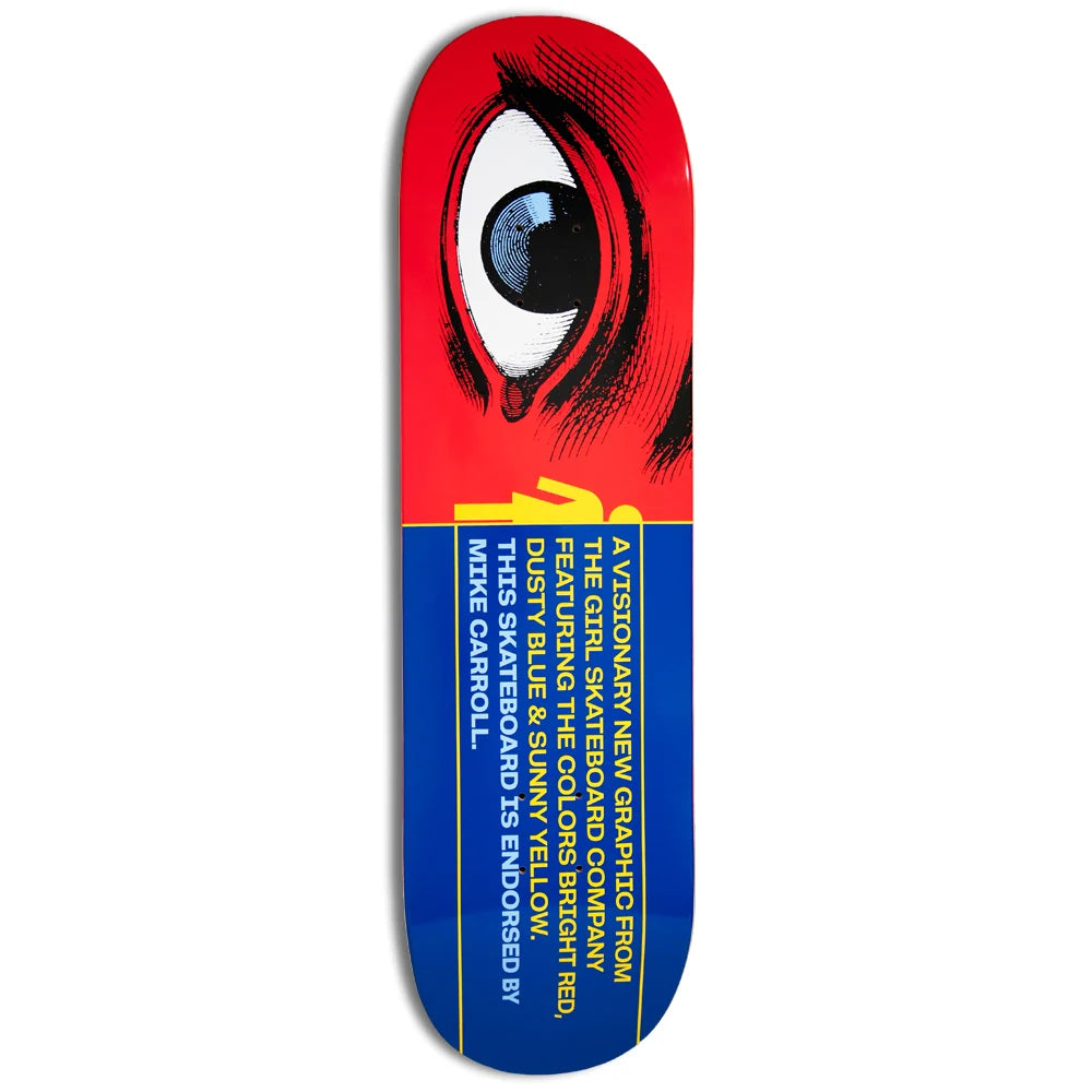 Skateboard deck with eye design and text on a white background