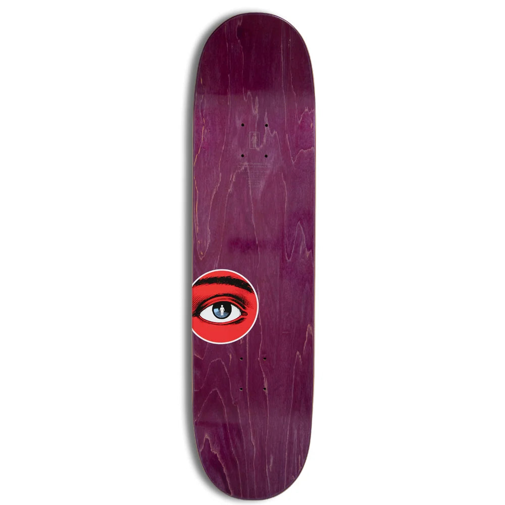 Skateboard deck with a red and white eye design on a purple background