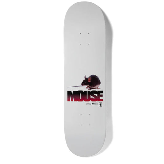 Skateboard deck with a mouse graphic and 'MOUSE' text on a white background
