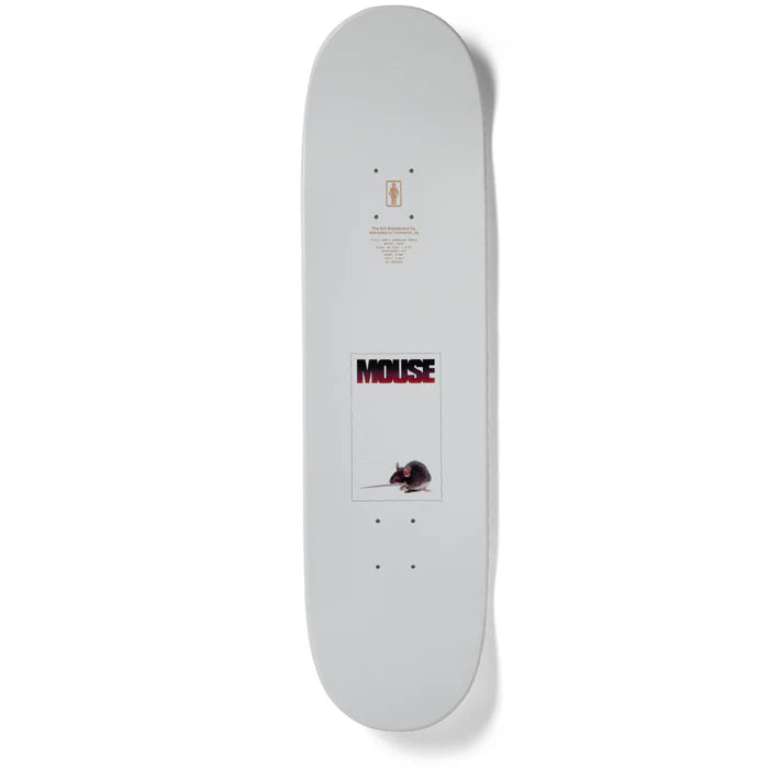 White skateboard deck with 'MOUSE' logo on a white background