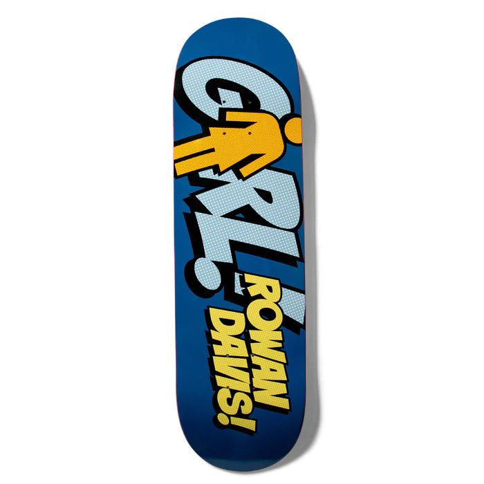 Skateboard deck with 'Rowan Davis!' branding on a blue background