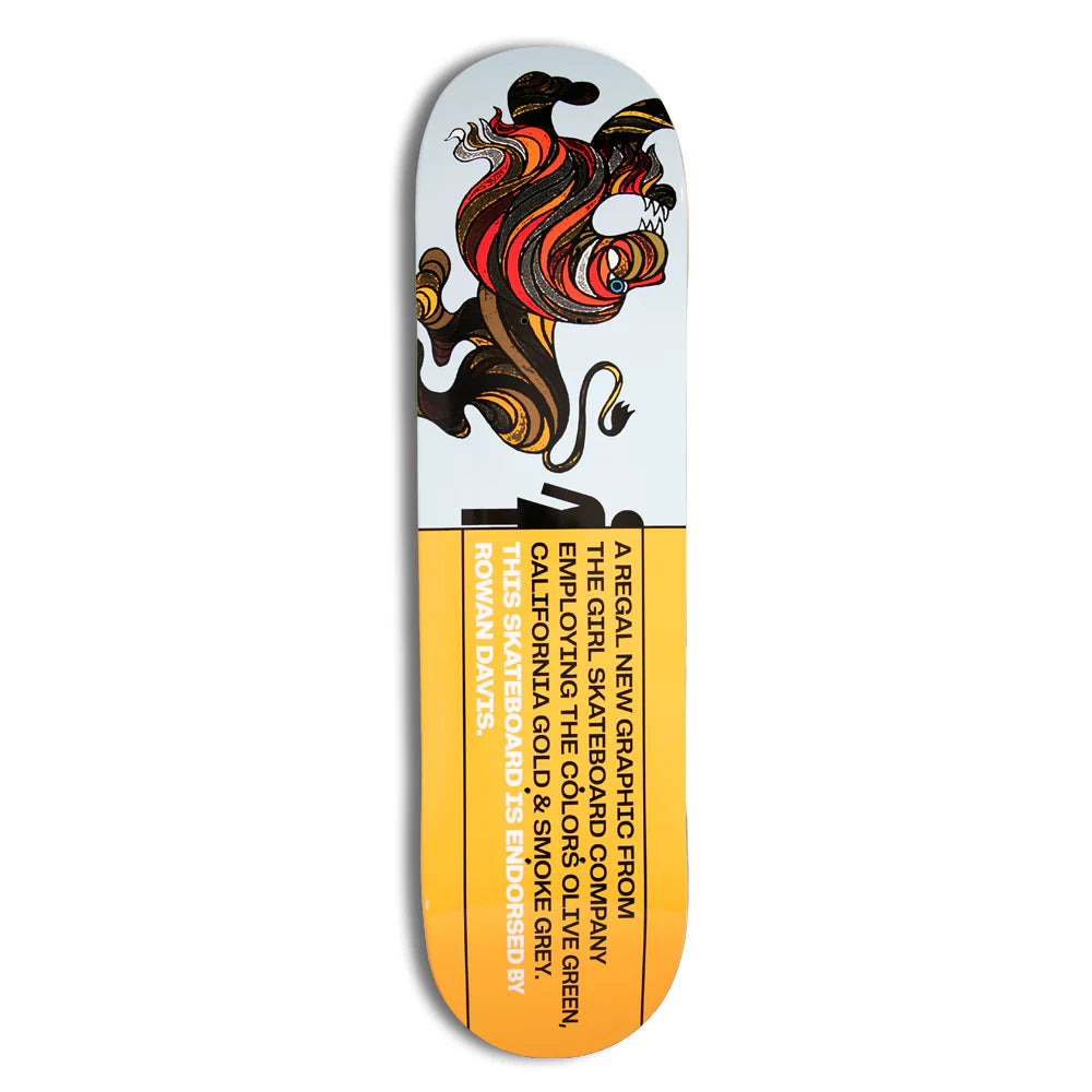 Skateboard deck with a colorful lion design on a white background
