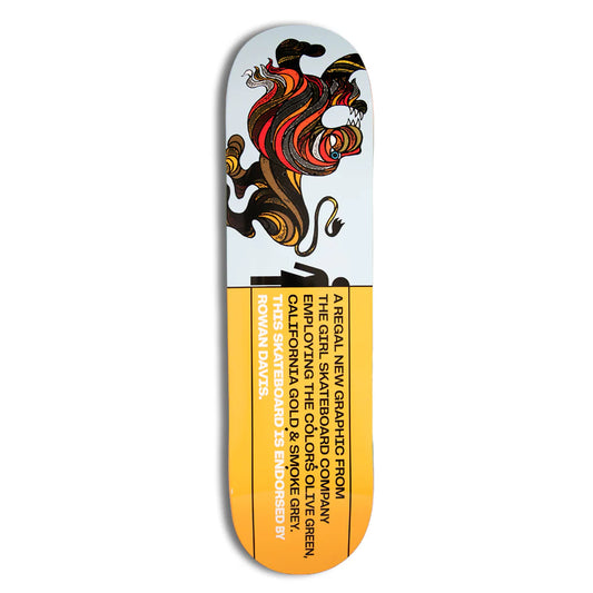 Skateboard deck with a colorful lion design on a white background
