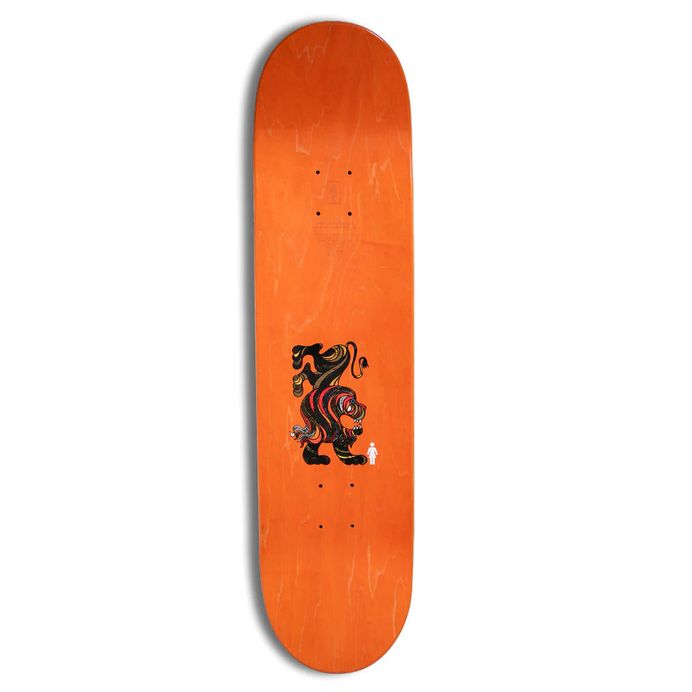 An orange skateboard deck with a stylized black, red, and green lion graphic printed near the center, shown against a plain white background.