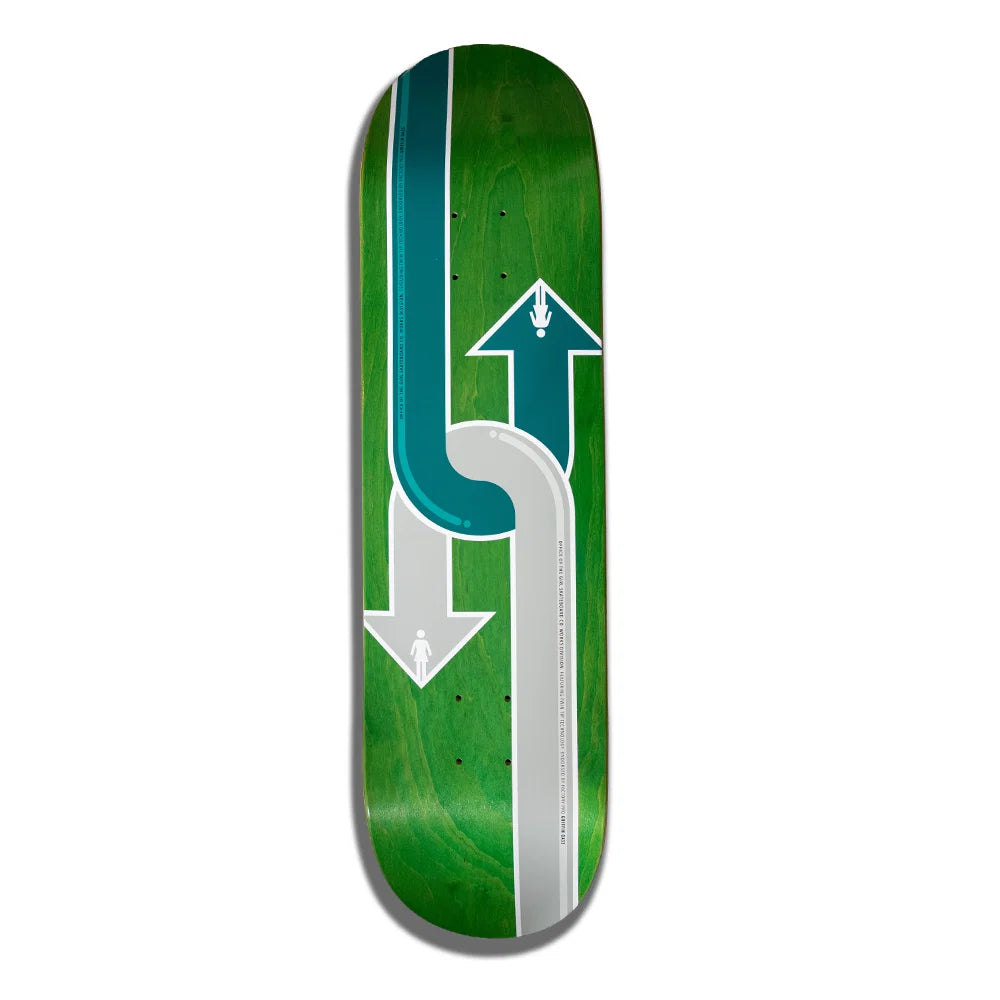 A skateboard deck with a green wood-grain background featuring a graphic design of two arrows curving in opposite directions, one teal and one white.
