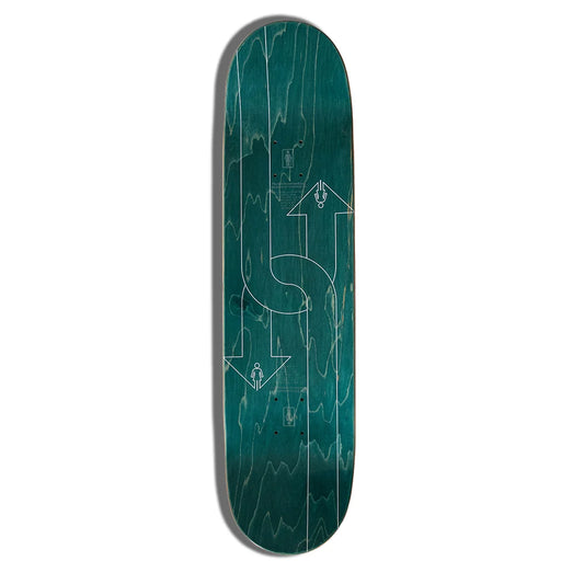 A skateboard deck with a dark teal wood-grain finish and white graphic line art, shown vertically against a plain white background.