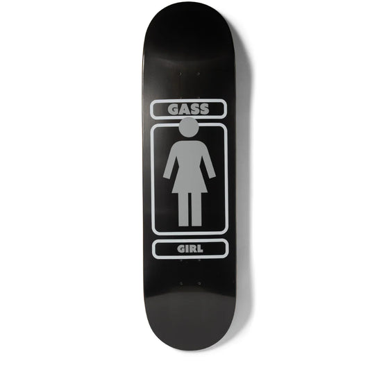 Black skateboard deck with 'GASS' and 'GIRL' branding on a white background