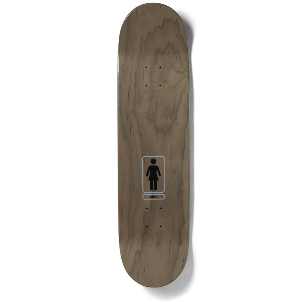 Wooden skateboard deck with a minimalist design on a white background