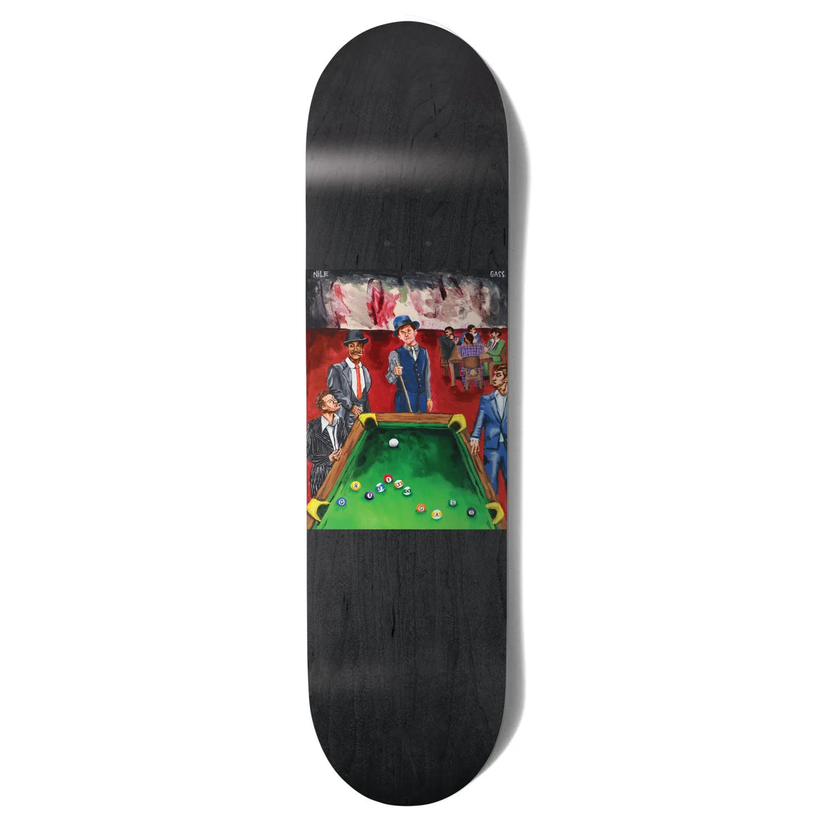 A skateboard deck with a black wood-grain finish, featuring a colorful painted illustration of a billiards scene on the underside.