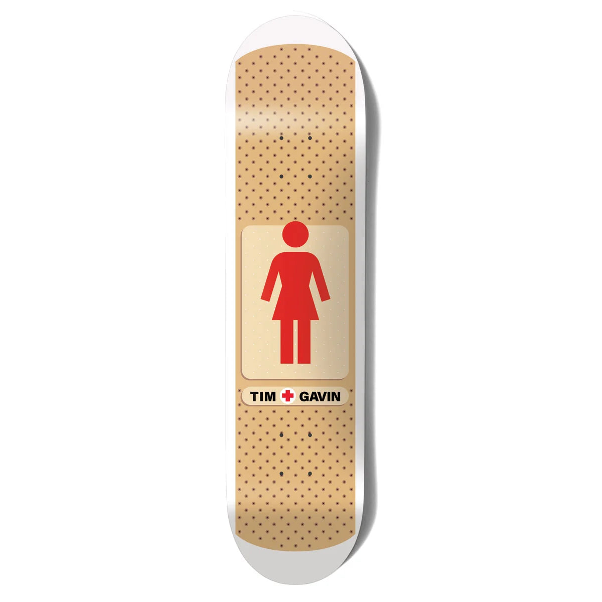 A skateboard deck featuring a parody band-aid graphic with a red female figure icon and the text 'TIM + GAVIN' on a beige band-aid design with black polka dots, shown on a white background.