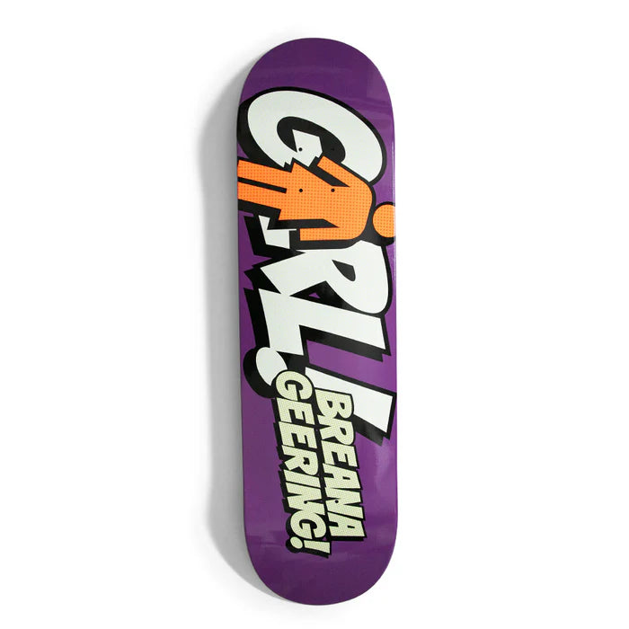 Purple skateboard deck with 'GRL PWR' and 'Breana Geering!' text on a white background