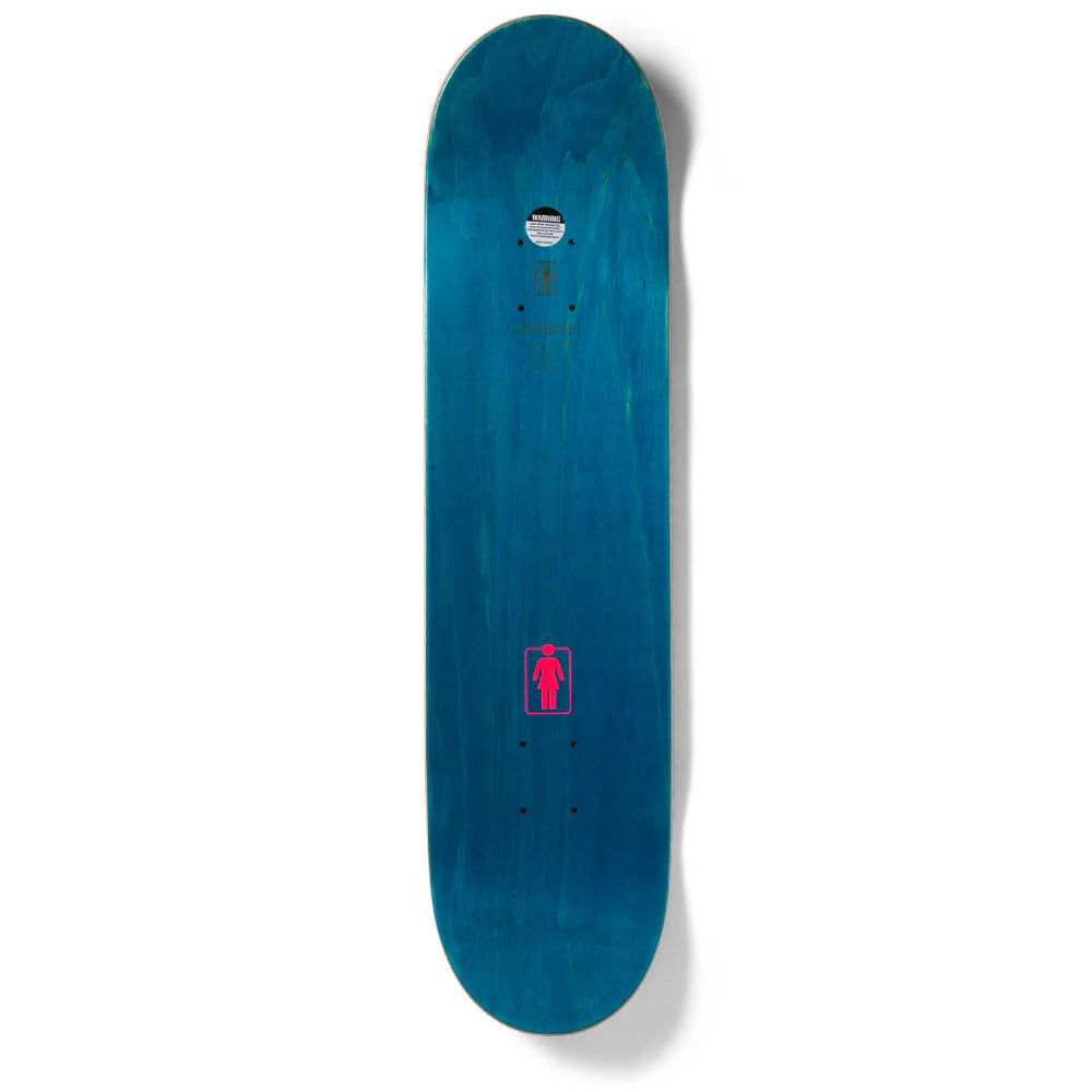 Blue skateboard deck with a red logo on a white background
