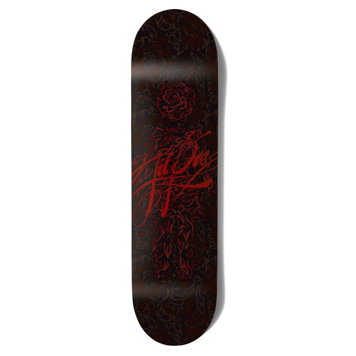 A skateboard deck with a dark black and deep red floral design and stylized script logo, shown vertically on a white background.