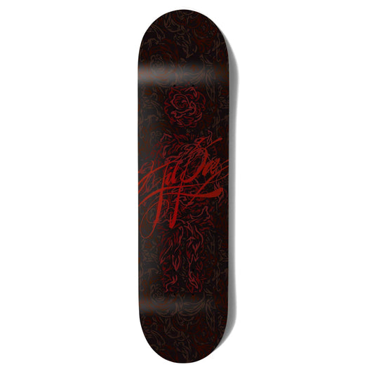 A skateboard deck with a dark black and deep red floral design and stylized script logo, shown vertically on a white background.