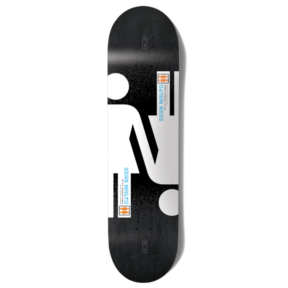 Skateboard deck with a black and white design on a white background