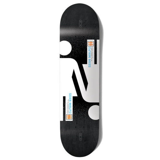 Skateboard deck with a black and white design on a white background