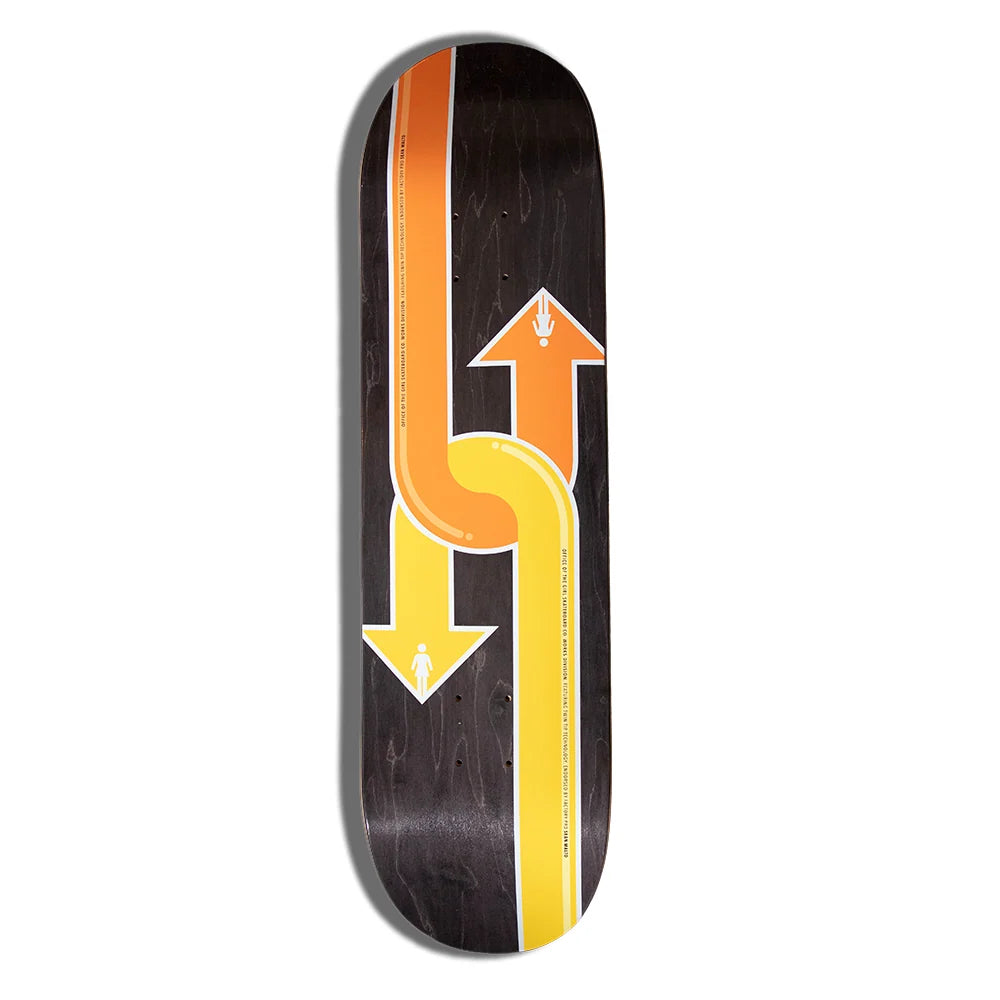 A skateboard deck with a dark wood grain finish, featuring a graphic design of two vertical arrows in orange and yellow with white outlines on a white background.