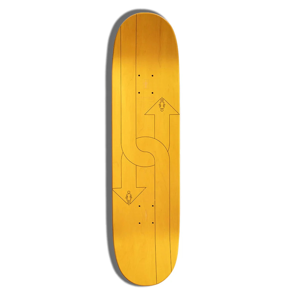 A skateboard deck with a metallic gold finish and a black graphic of two arrows forming a loop, shown against a plain white background.