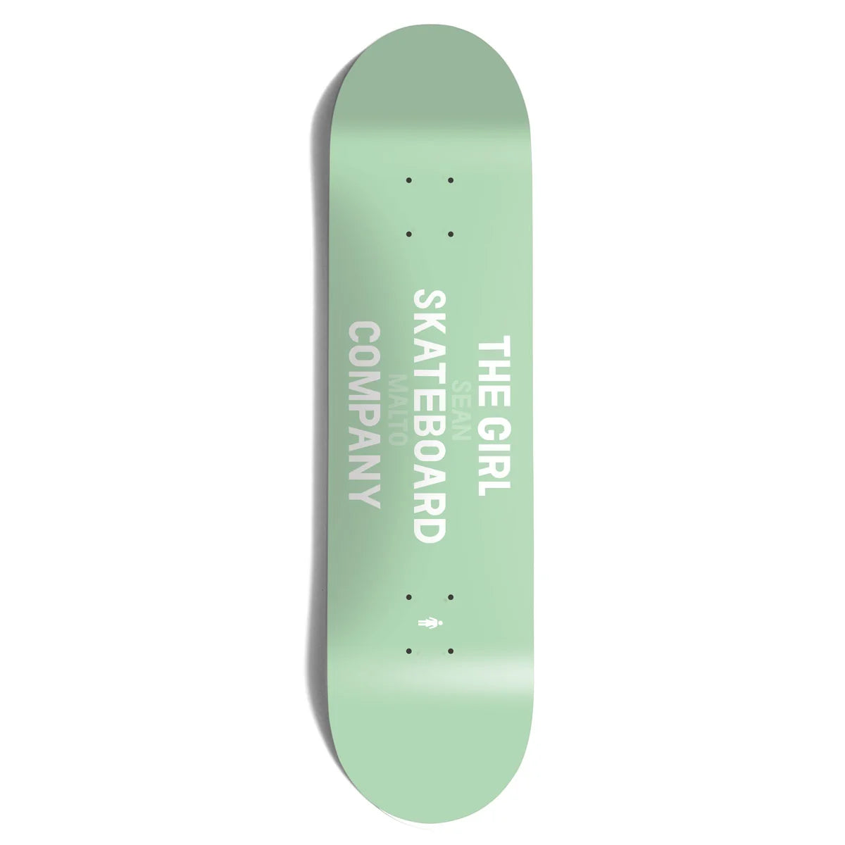 A mint green skateboard deck with white printed text reading 'THE GIRL SKATEBOARD COMPANY' on a clean white background.