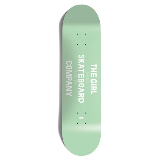 A mint green skateboard deck with white printed text reading 'THE GIRL SKATEBOARD COMPANY' on a clean white background.