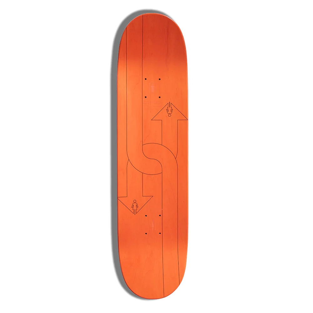 An orange skateboard deck with minimalist black line art depicting a winding path and directional arrows, shown against a plain white background.