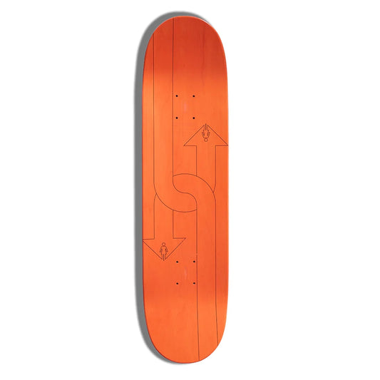 An orange skateboard deck with minimalist black line art depicting a winding path and directional arrows, shown against a plain white background.