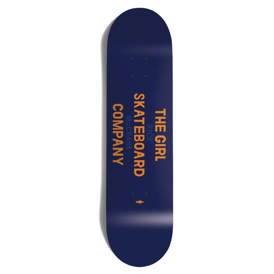 A skateboard deck shown vertically against a plain white background. The deck is dark navy blue with vertical orange text reading 'THE GIRL SKATEBOARD COMPANY' and a small orange logo near the bottom.