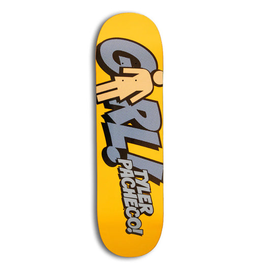 Skateboard deck with cartoon character and text on a yellow background