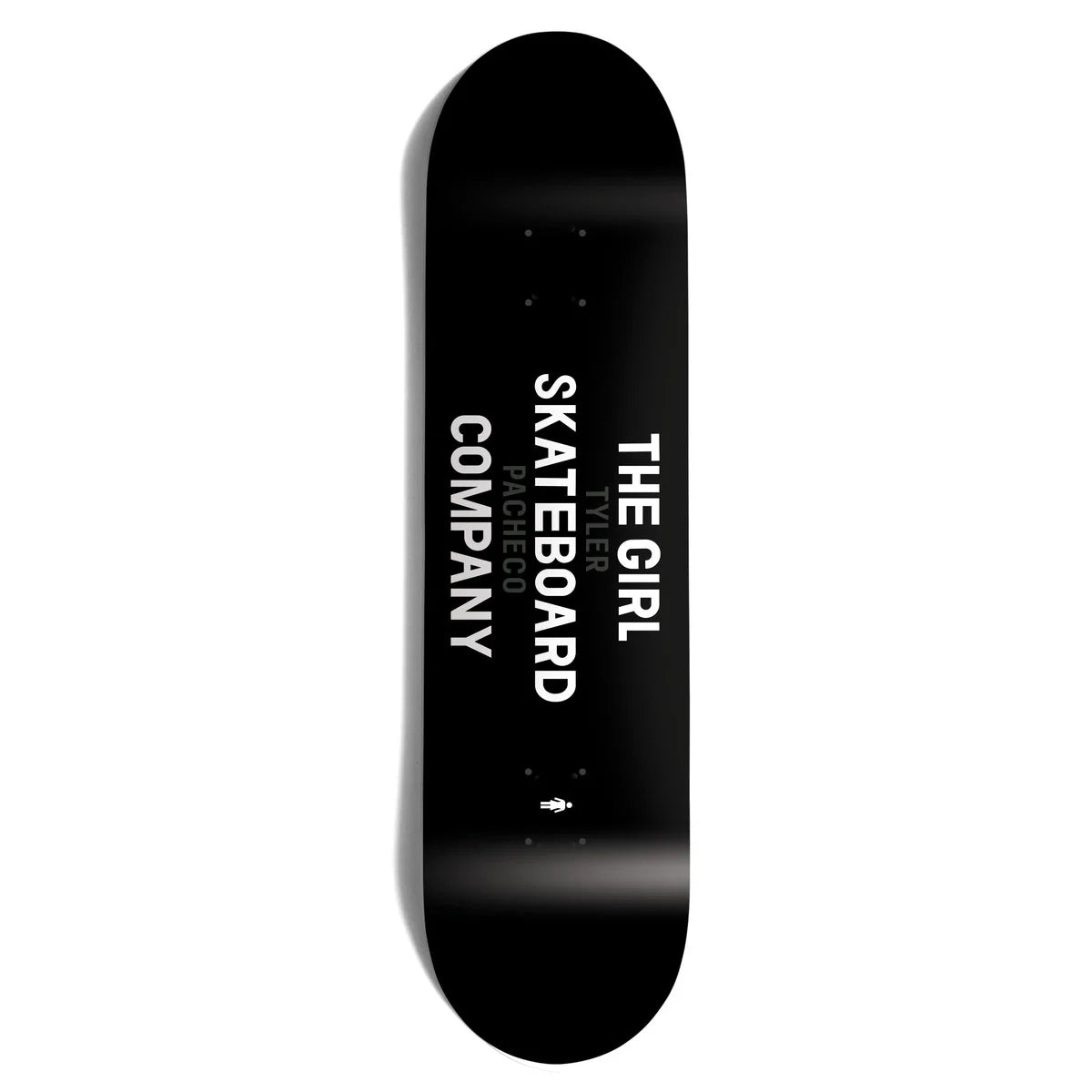 A black skateboard deck with bold white text reading 'THE GIRL SKATEBOARD COMPANY' on a clean white background.