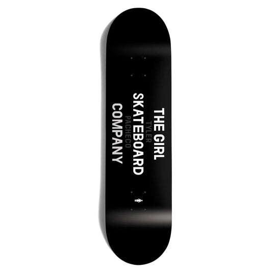 A black skateboard deck with bold white text reading 'THE GIRL SKATEBOARD COMPANY' on a clean white background.