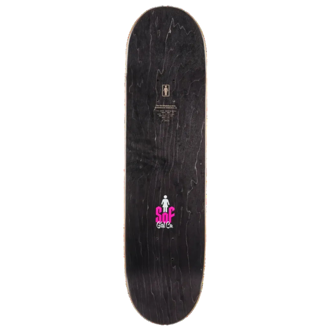 A top-down view of a skateboard deck with a black wood-grain finish, featuring a pink and white 'Surf Girl Co' logo near the center and a gold brand logo near the nose.