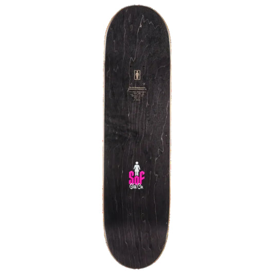 A top-down view of a skateboard deck with a black wood-grain finish, featuring a pink and white 'Surf Girl Co' logo near the center and a gold brand logo near the nose.